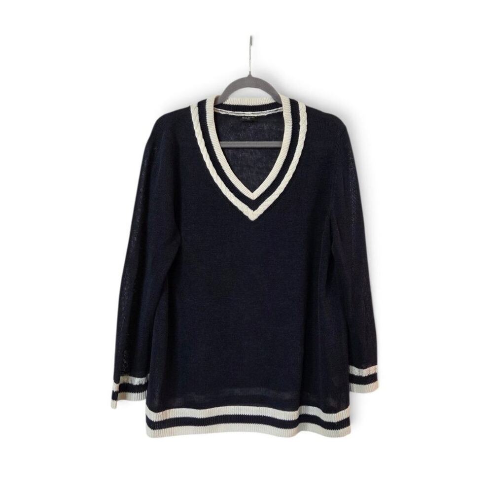 Talbots Navy 100% Linen V-Neck Cricket Tennis Sweater Cream Border Plus Size 1X